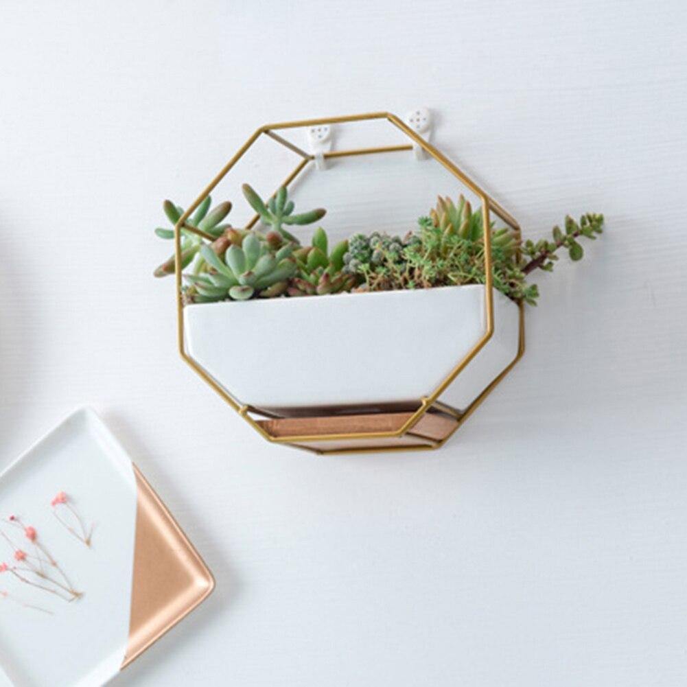 Geometric Ceramic Wall Planter with Octagonal Iron Frame