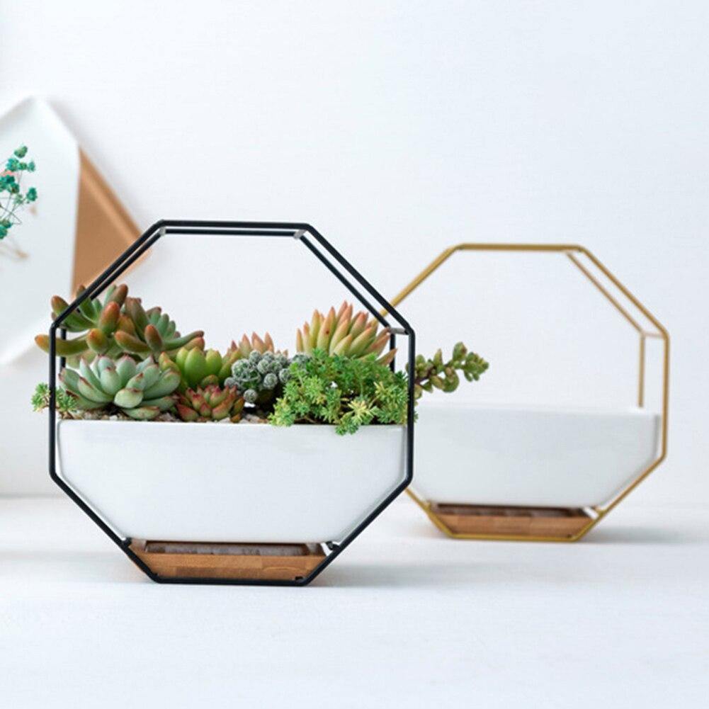 Geometric Ceramic Wall Planter with Octagonal Iron Frame