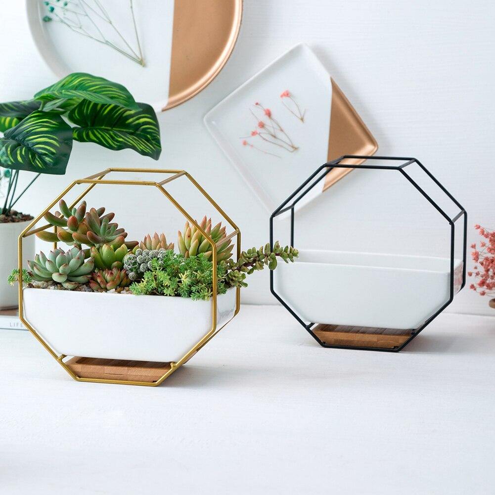 Geometric Ceramic Wall Planter with Octagonal Iron Frame