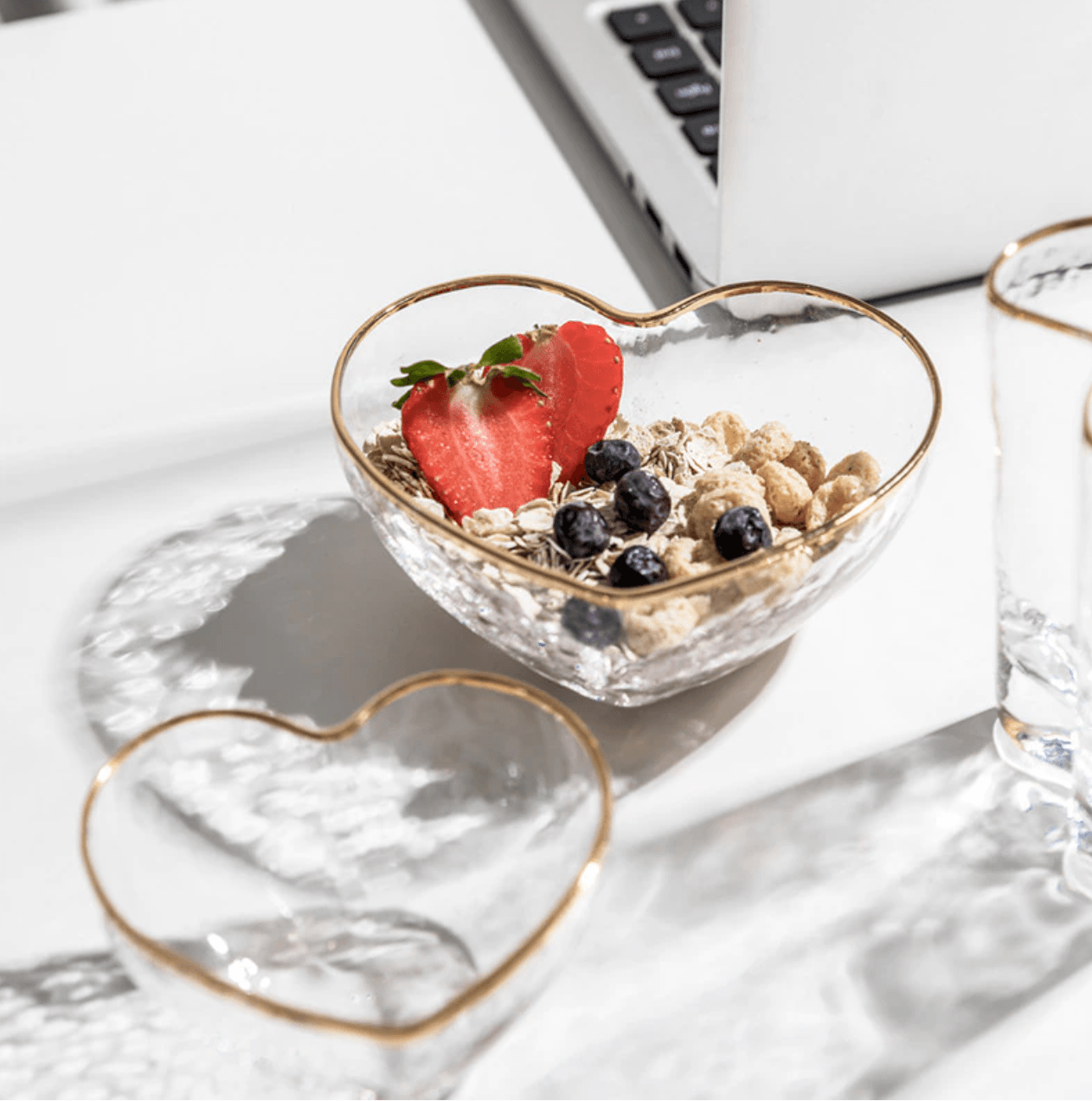 Glass Golden Heart Bowls + Cup