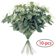 10pcs 12” Eucalyptus Leaves Bunch Branch Artificial Plastic Plants Leaves Green Stems Wedding Faux Fake Flowers Cake DIY Decor