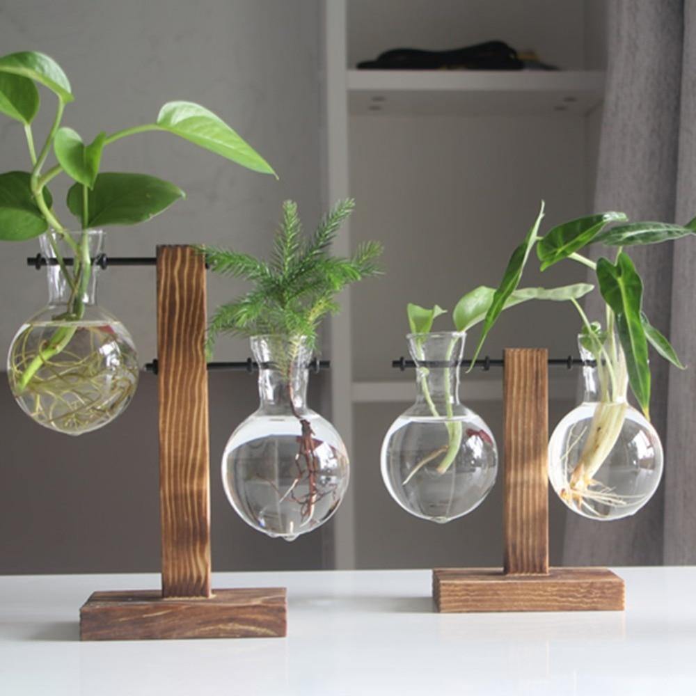 Glass Propagation Vase with Vertical Wooden Stand