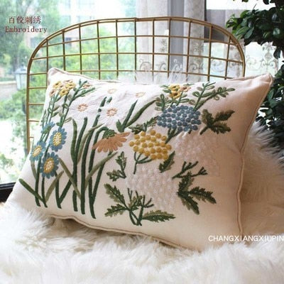 Embroidered European Pastoral Floral Cushion Cover